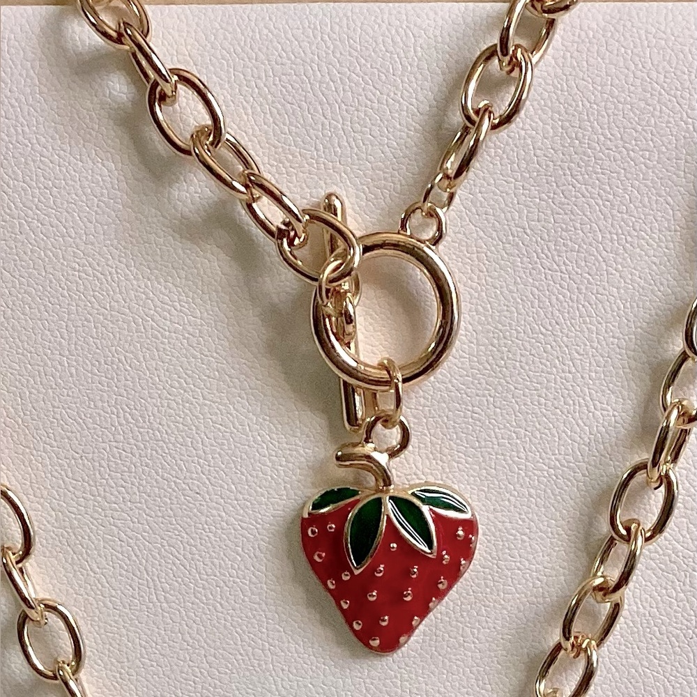 Gold Strawberry Toggle Charm Necklace & Bracelet Set - Picture 2 of 4